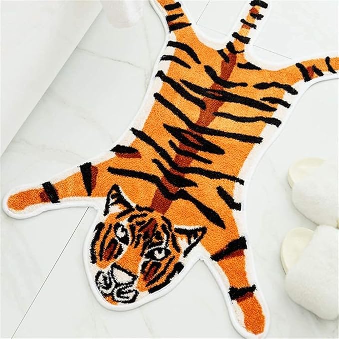 Tiger Print Rug Animal Printed Small Area Rugs Faux Cowhide Skin Leather Nonslip Personalized Bath Carpet Cartoon Rug Bedroom Office Living Room Floor Mat 2.6x1.8Ft/32.2inx21.4in