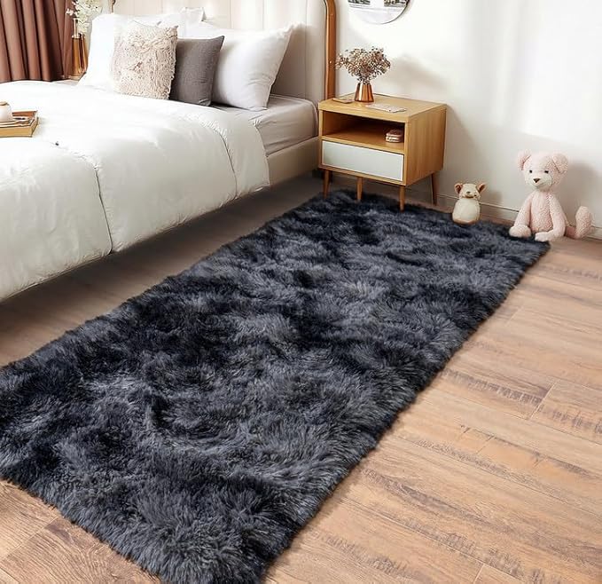 Pionblank Fluffy Runner Rugs for Bedroom 2x6, Modern Shaggy Area Rug for Hallway Living Room, Plush Soft Fuzzy Bedside Carpet for Kids Girls Boys Room Nursery Decor, Dark Grey