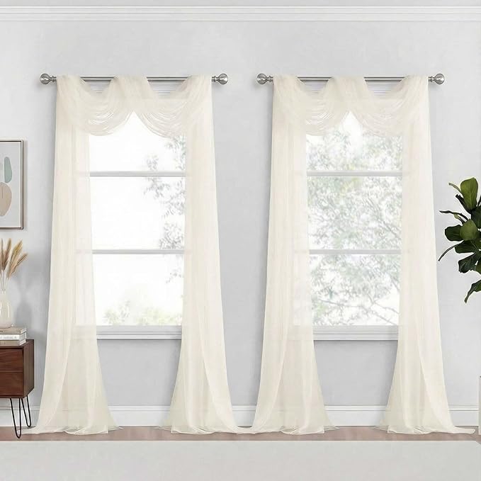 Sheer Curtain Panels Ivory Light-Filtering Polyester 42 x 216 Inch Set of 2
