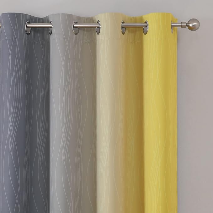 Ombre Gray and Yellow Blackout Curtains 45 Inch Length 2 panels, Full Room Darkening Curtains for Kids Room, Grommet Thermal Insulated Gradient Drapes, Light Blocking Curtains for Bedroom, 52x45 Inch
