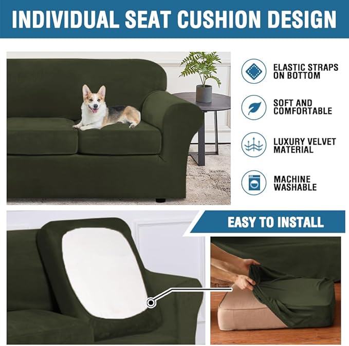 H.VERSAILTEX Modern Velvet Plush 4 Piece High Stretch Sofa Slipcover Sofa Cover Furniture Protector Form Fit Thick Velvet Sofa Cover for 3 Cushion Couch Width Up to 90 Inch (Sofa, Olive)