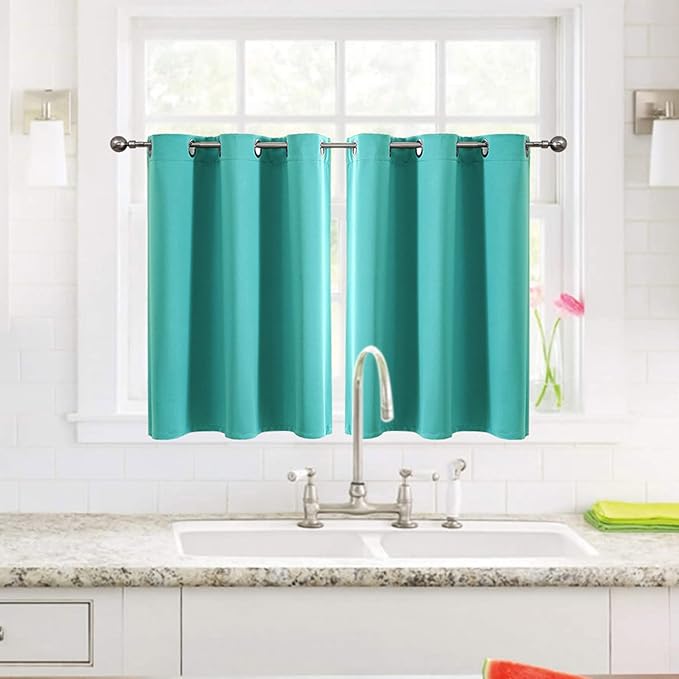 ChrisDowa Small Window Curtains for Kitchen and Bedroom - Grommet Short Thermal Insulated Room Darkening Curtains (2 Panels, Teal, 52 x 36 Inch)