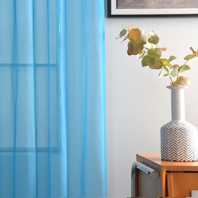 SpaceDresser Basic Rod Pocket Sheer Voile Window Curtain Panels Cyan Blue 1 Pair 2 Panels 52 Width 36 Inch Long for Kitchen Bedroom Children Living Room Yard（Cyan Blue, 52W x 36L）