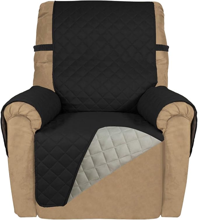 PureFit Reversible Quilted Sofa Cover, Water Resistant Slipcover Furniture Protector, Washable Couch Cover with Non Slip and Elastic Straps for Kids, Dogs, Pets (Small Recliner, Black/Beige)