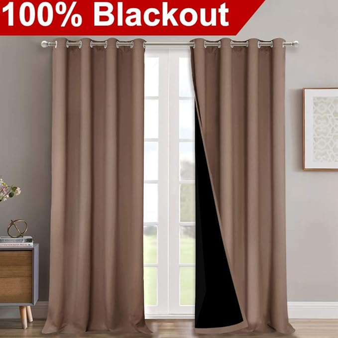 NICETOWN 100% Blackout Curtains Thermal, Noise Reduction and Privacy Curtains for Patio Door, Black Lined Blackout Drapes with Grommet Top, Cappuccino, 1 Pair, W52 x L120