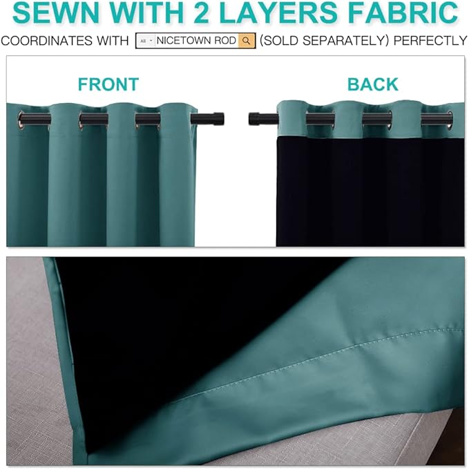 NICETOWN Complete 100% Blackout Curtain Set, Thermal Insulated & Energy Efficiency Window Draperies for Guest Room, Full Shading Panels for Shift Worker and Light Sleepers, Sea Teal, 52W x 84L, 2 PCs