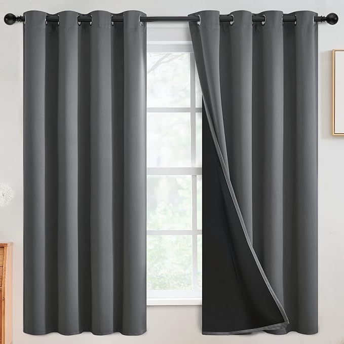 SimpleHome 100% Blackout Curtains for Bedroom,Thermal Insulated Grommet Window Drapes Room Darkening Grey Curtains for Living Room with Black Back,52 x 63 Inch,2 Panels
