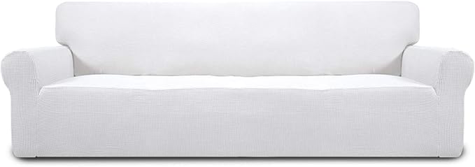 Easy-Going Stretch 4 Seater Sofa Slipcover 1-Piece Sofa Cover Furniture Protector Couch Soft with Elastic Bottom for Kids, Polyester Spandex Jacquard Fabric Small Checks Snow White