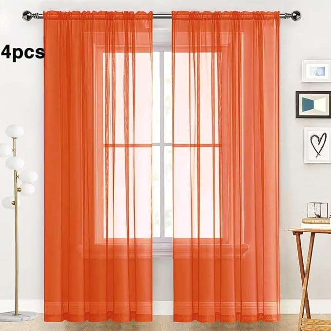 SpaceDresser Burnt Orange Sheer Curtains 4 Panels Rod Pocket Semi-Sheer Curtain 84 Inches Long Light Filtering Voile Window Drapes for Bedroom Living Room Kitchen, Each 52W x 84L