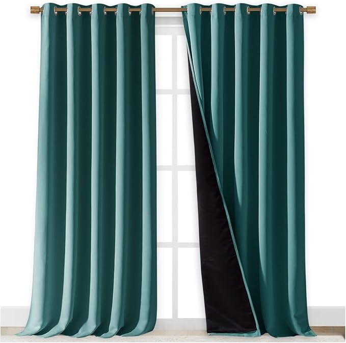 NICETOWN Total Shade Curtains and Draperies, Sea Teal, Package of 2, 62 inches Wide x 95 inches, LongHeavy-Duty Full Light Shading Drapes with Black Liner Backing for Villa/Hall/Dorm Window