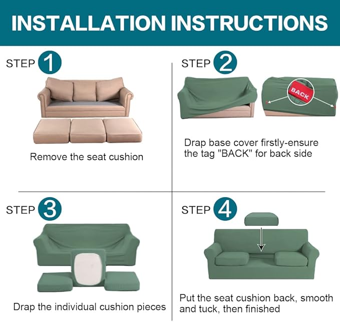 Turquoize 4 Piece Sofa Covers for 3 Cushion Couch Sofa Slipcover Soft Couch Cover for Dogs-Washable Sofa Furniture Covers with 3 Individual Cushion Covers Jacquard Fabric (3 Cushion Sofa, Loden Frost)