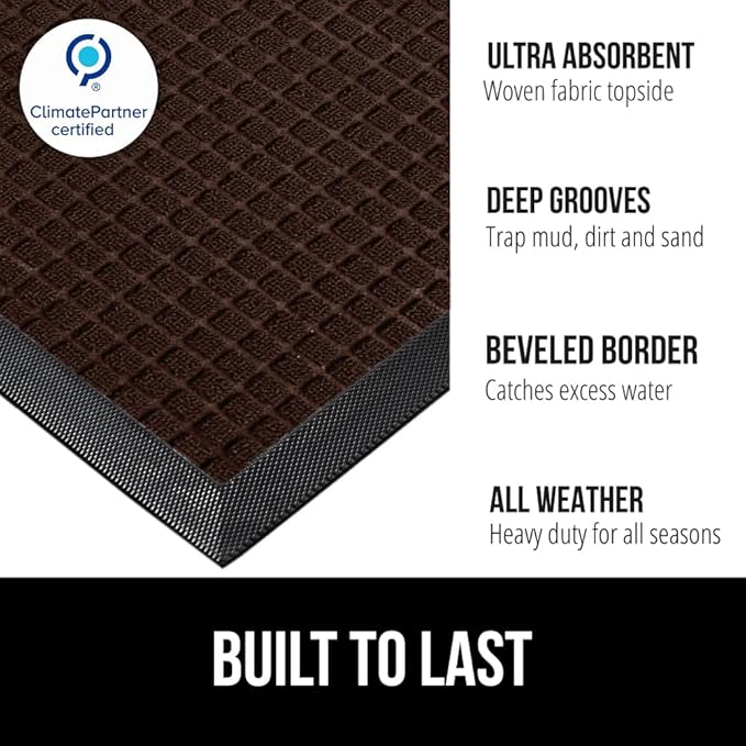 GORILLA GRIP 100% Waterproof All-Season WeatherMAX Doormat, 72x24, US Designed Natural Rubber, Stain and Fade Resistant, Low Profile Indoor Outdoor Door Mats, Easy Clean Patio Mat, Coffee Squares