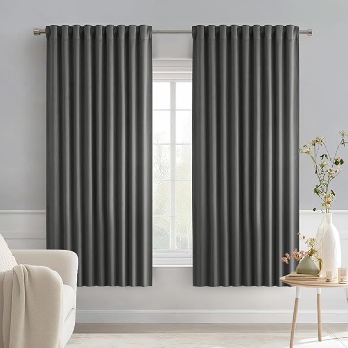 MIULEE Grey Back Tab Blackout Curtains 63 Inch Length 2 Panels Set for Living Room Bedroom Privacy, Rod Pocket/Pinch Pleat Thermal Insulated Room Darkening Pleated Light Blocking Drapes