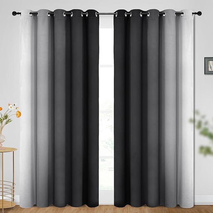 SimpleHome Ombre Room Darkening Curtains for Bedroom, Gradient Black to Grey White Light Blocking Thermal Insulated Grommet Window Curtain/Drapes for Living Room,2 Panels, 70x84 inches Length