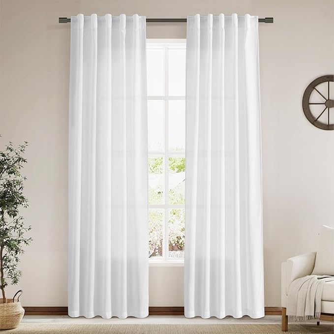 Nanspring White Linen Curtains 84 Inch Length 2 Panels Set for Living Room Back Tab Light Filtering Semi Sheer Curtain for Bedroom Farmhouse Drapes, 40x84 Inch, 2 Panels