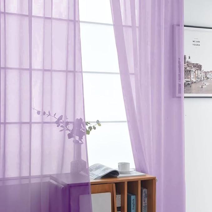 SpaceDresser Lavender Sheer Curtains 4 Panels Rod Pocket Semi-Sheer Curtain 108 Inches Long Light Filtering Voile Window Drapes for Bedroom Living Room Kitchen, Each 52W x 108L