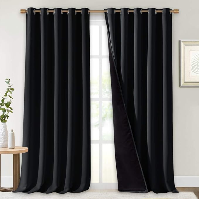 NICETOWN Extra Long Truly Blackout Drapes for Hall and Villa, 100% Blackout Window Curtain Panels with Black Lined for Night Shift Worker, 70-inch Width Each Panel, 108-inch Length, Black, 2 Pieces