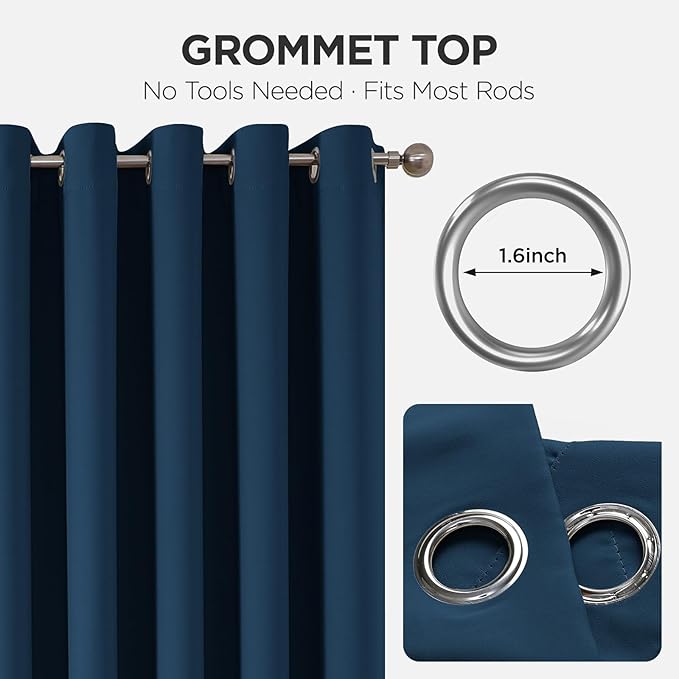 Joydeco Blackout Patio Sliding Door Curtains 108 Inches Long, Grommet Privacy Room Divider Curtains, Extra Wide Thermal Blackout Drapes for Bedroom Living Room (Navy Blue, 60Wx108L, 1 Panel)
