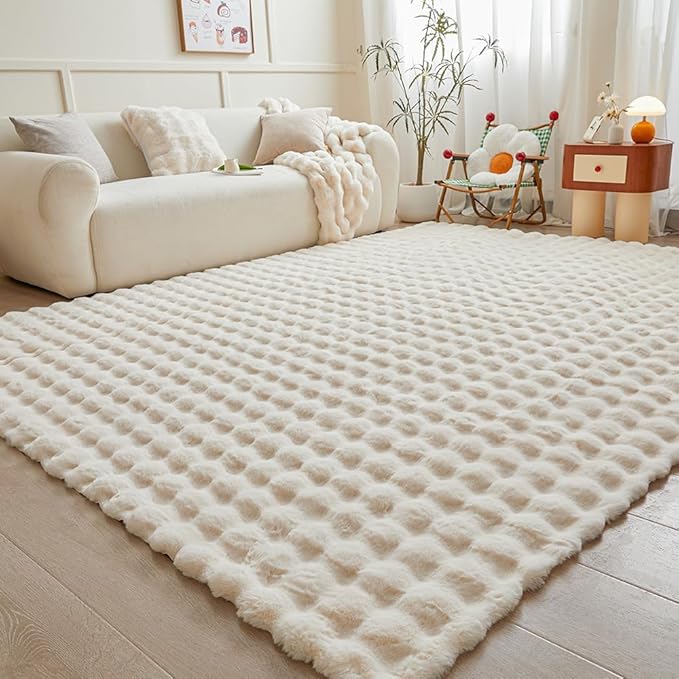 Creamy White Rabbit Plush Rug 6'x9', Fluffy Faux Fur Shaggy Area Rug for Nursery, Kids Room Decor, Soft Fuzzy Carpet for Living Room, Bedroom, Teen Girls Room