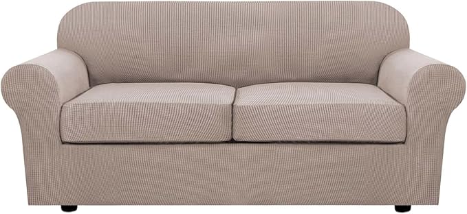 H.VERSAILTEX 3 Piece Stretch Sofa Covers for 2 Cushion Sofa Couch Covers for Living Room Furniture Cover (Base Cover Plus 2 Seat Cushion Covers) Thicker Jacquard Fabric(Large Sofa, Sand)