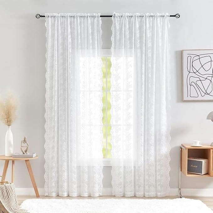 YJ YANJUN Vintage Lace Curtains 90 Inches Long- Elegant Floral White Sheer Curtain Panels for Living Room Bedroom Patio Sliding Door French Country Winter Holiday Drapes 52" W x 90" L Bright White