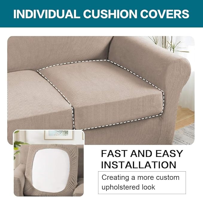 Turquoize 4 Piece Sofa Covers for 3 Cushion Couch Sofa Slipcover Soft Couch Cover for Dogs Washable Furniture Cover with 3 Individual Large Cushion Covers Feature Fabric (Large Sofa, Sand)