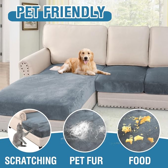 H.VERSAILTEX Velvet Stretch Sectional Couch Covers 3 Pieces Sofa Seat Cushion Covers L Shape Separate Cushion Couch Chaise Cover for Both Left/Right Couch (Large Sofa 2 Seater + 1 Chaise, Stone Blue)