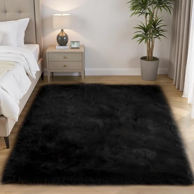 Goolela Black Faux Sheepskin Fur Rug 5x8 for Bedroom and Living Room - Fuzzy Large Fluffy Shag Area Rug Home Decor, Rectangle