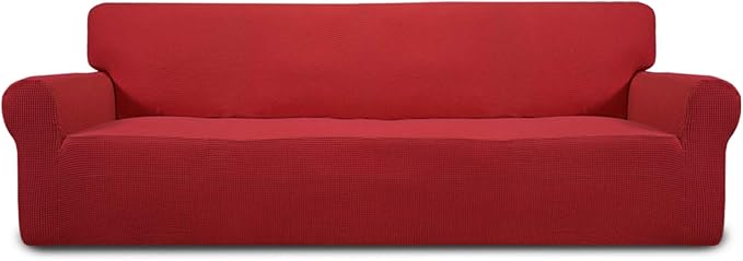 Easy-Going Stretch 4 Seater Sofa Slipcover 1-Piece Sofa Cover Furniture Protector Couch Soft with Elastic Bottom for Kids, Polyester Spandex Jacquard Fabric Small Checks Christmas Red