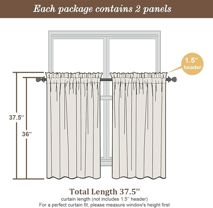 Chyhomenyc Sheer Curtains 36 Inch Length, Short Voile Sheer Window Curtians for Small Window Bathroom Cafe Living Room Farmhouse, 2PCS, 42W x 36L inches, Rod Pocket, Black