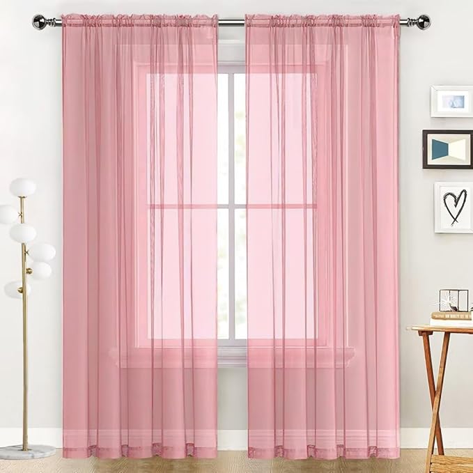 SpaceDresser Sheer Voile Window Treatment Rod Pocket Curtain Panels for Kitchen Bedroom Living Room Drapes Sunlight Filtering Privacy Semi Home Decor Assorted Colors Sizes (Blush, 52 W x 90 L)