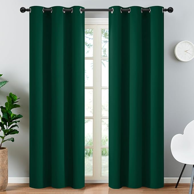Yakamok Dark Green Blackout Curtains for Bedroom, Room Darkening Thermal Insulated Grommet Window Curtains, Light Blocking Blackout Drapes for Living Room, 36Wx90L inch,2 Panels