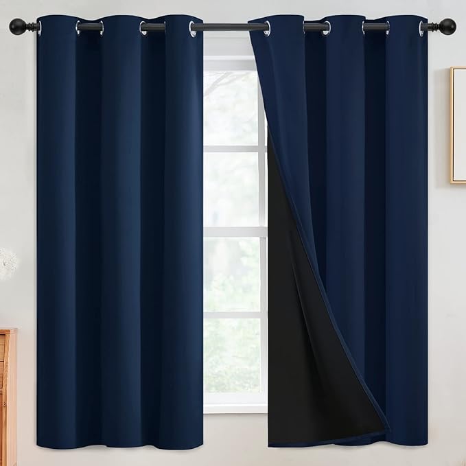 SimpleHome 100% Blackout Curtains for Bedroom,Thermal Insulated Grommet Window Drapes Room Darkening Navy Blue Curtains for Living Room with Black Back,42 x 63 Inch,2 Panels