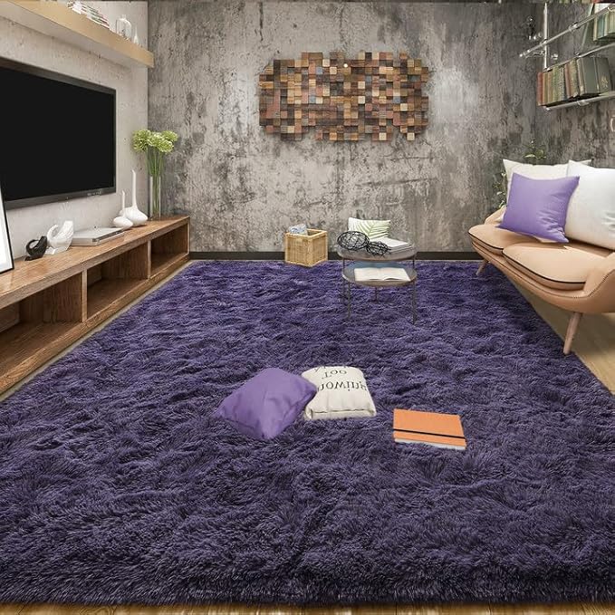 Tepook Fluffy Large Rugs for Living Room, Shag Area Rug 6x9 Soft Carpet for Bedroom, Modern Shaggy Rug for Kids Boys Girls, Plush Indoor Nursery Home Decor Rug with Non-Slip Bottom, Gray Purple
