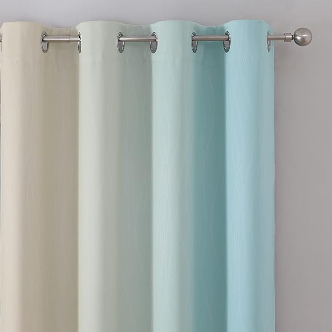 Estelar Textiler Aqua and Beige Blackout Curtains 54 Inch Length, Light Blocking Gradient Grommet Drapes for Living Room, Thermal Insulated Ombre Curtains for Bathroom,52Wx54L,2 Panels