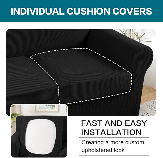 Turquoize 4 Piece Sofa Covers for 3 Cushion Couch Sofa Slipcover Soft Couch Cover for Dogs Washable Furniture Cover with 3 Individual Large Cushion Covers Feature Fabric (Large Sofa, Black)