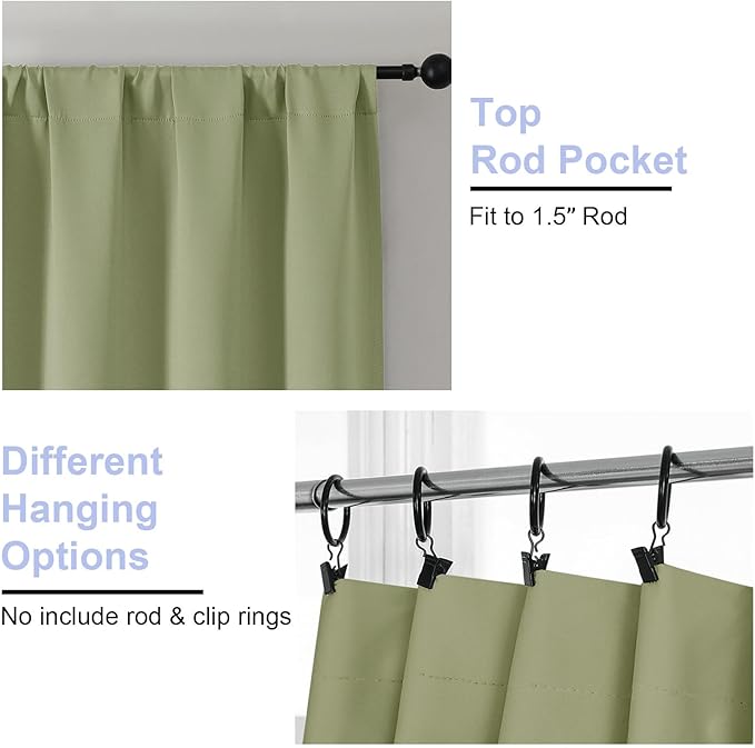 Simplebrand Ava Sage Green Blackout Curtains for Bedroom 63 Inch Length 2 Panels Set, Solid Thermal Insulated Privacy Living Room Window Treatment Curtains Blackout Drapes, W50 x L63 Inch