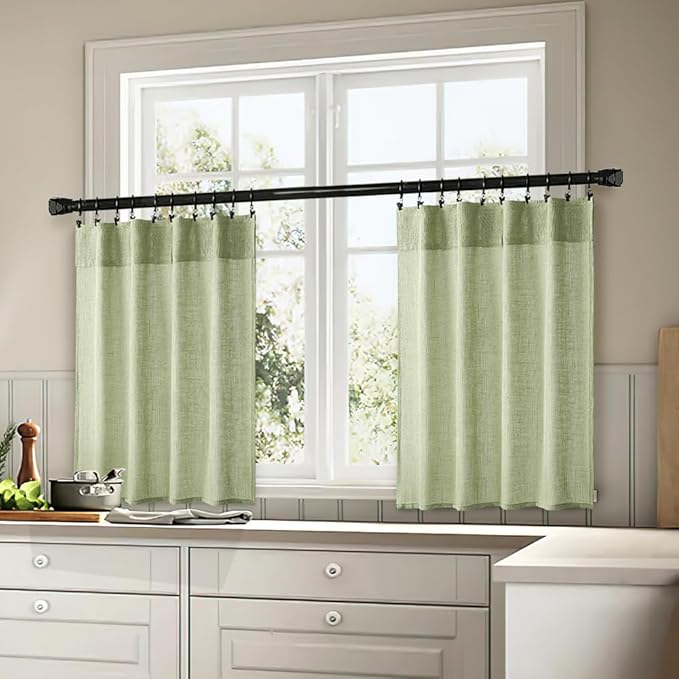 MIULEE Sage Green Kitchen Curtains 24 Inch Length 2 Panels, Soft Thick Linen Textured Semi Sheer Light Filtering Short Cafe Tier Curtains for Small Half Window Bathroom Laundry Back Tab Rod Pocket