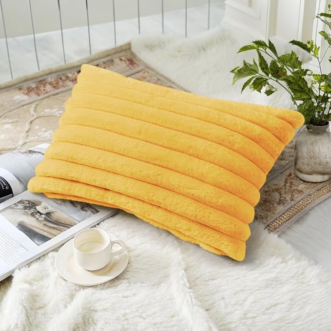 decorUhome Summer Cozy Faux Fur Throw Pillow Covers 12x20 Set of 2 Decorative Plush Striped Lumbar Modern Farmhouse Boho Couch Pillow Cases with Velvet Back for Sofa Bed Living Room, Mustard Yellow