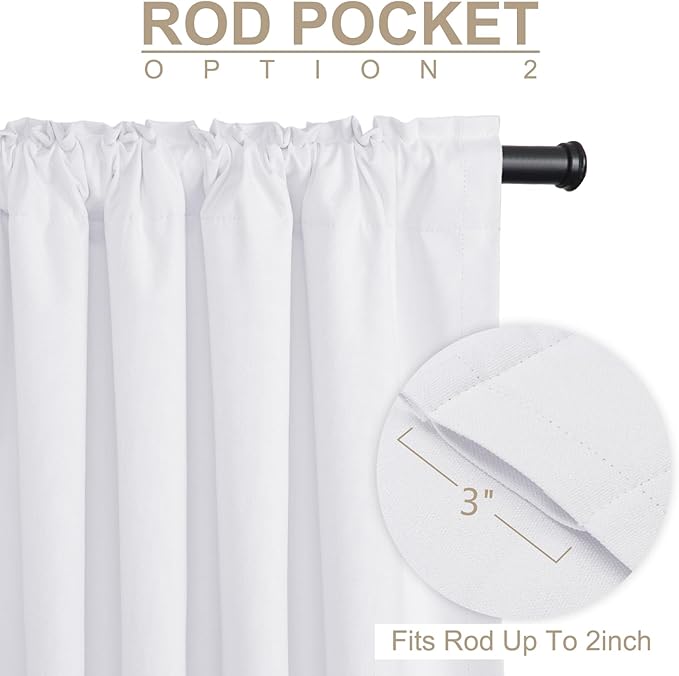 100% Blackout Shield 100% Polyester Blackout Curtains for Bedroom 63 Inches Long, Back Tab/Rod Pocket Living Room Drapes, Thermal Insulated Blackout Curtains 2 Panels Set, 50" W x 63" L, Bright White