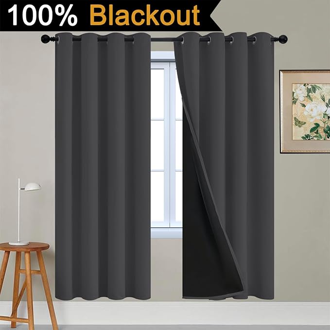 Yakamok 100% Blackout Curtains, 2 Thick Layers Thermal Insulated Total Blackout Drapes for Bedroom, Heat Blocking Window Curtains for Living Room(Charcoal Grey, 52Wx72L, 2 Panels)