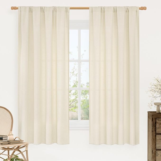LAMIT Light Beige Linen Curtains 63 inch Length for Bedroom, Soft Semi Sheer Light Filtering Window Treatments Rod Pocket Drapes for Living Room/Small Window, 2 Panels Set, 42 x 63 Inch