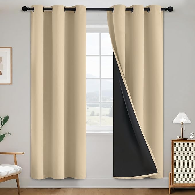 SimpleHome 100% Blackout Curtains for Bedroom,Thermal Insulated Beige Grommet Window Drapes Room Darkening Curtains for Living Room with Black Back,38 x 72 Inch,2 Panels
