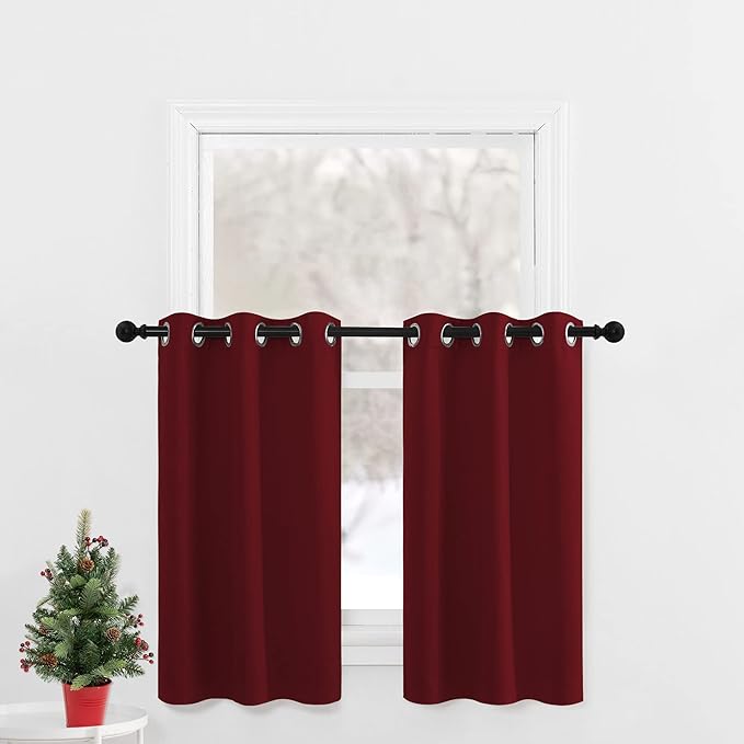 NICETOWN Blackout Kitchen Window Curtains - Pair of Thermal Insulated Eyelet Top Plain Blackout Curtains for Small Window Christmas Decor (42 Width x 36 inches Length 1.2 inches Header, Burgundy)