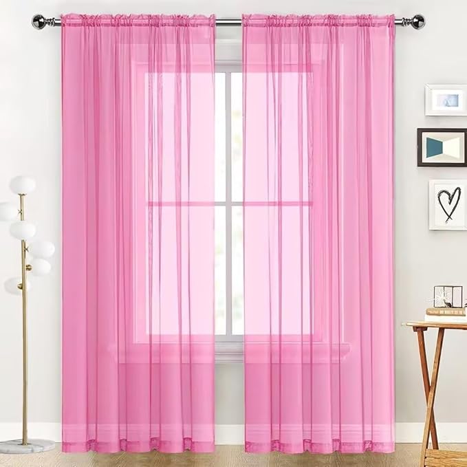 SpaceDresser Basic Rod Pocket Sheer Voile Window Curtain Panels Pink 1 Pair 2 Panels 52 Width 96 Inch Long for Kitchen Bedroom Children Living Room Yard（Pink, 52W x 96L）