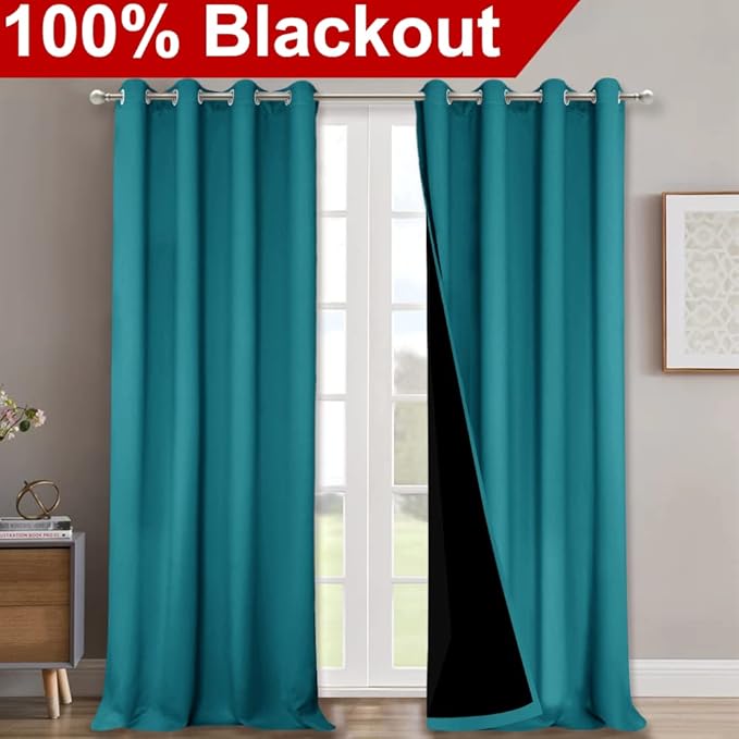 NICETOWN 100% Blackout Blinds, Set of 2, 46" x 102", Peacock Teal, Laundry Room Decor Window Treatment Curtains for Large Patio Sliding Door, Thermal Insulated Curtains for Bedroom