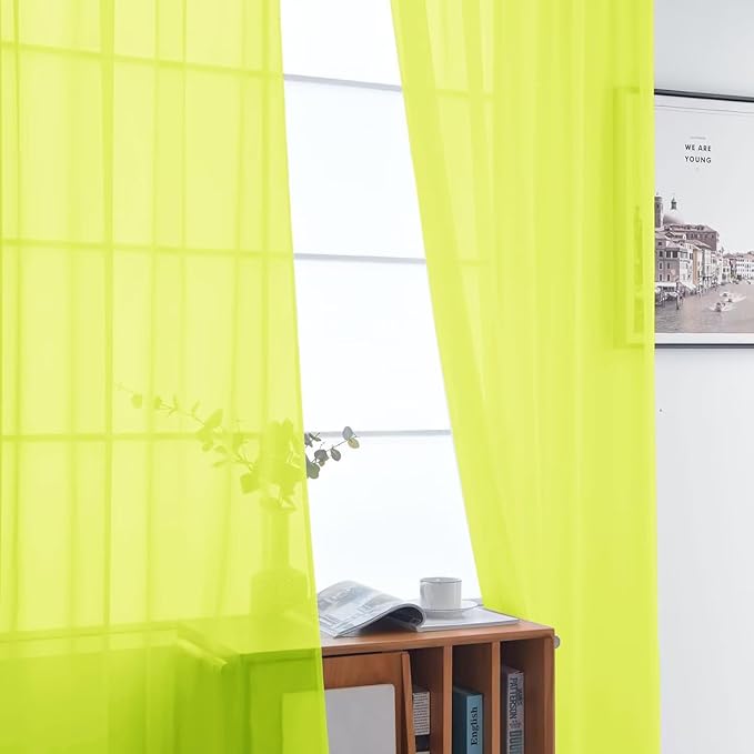 SpaceDresser Basic Rod Pocket Sheer Voile Window Curtain Panels Chartreuse 1 Pair 2 Panels 52 Width 72 Inch Long for Kitchen Bedroom Children Living Room Yard（Chartreuse, 52W x 72L）