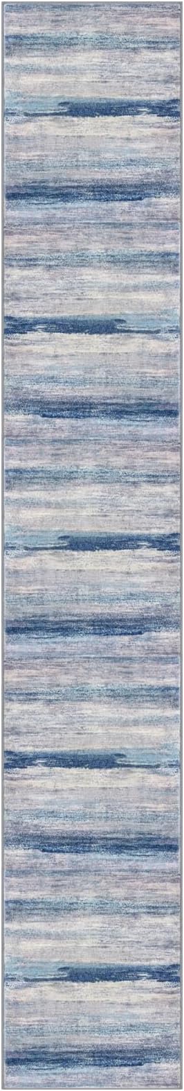 KOZYFLY Modern Abstract Washable Rug Runner 2.6x16 Hallway Rug Runner Non-Slip Soft Kitchen Runner Rugs, Blue/Grey/Beige Striped Carpet for Stair Entryway Bathroom Laundry Room Foyer