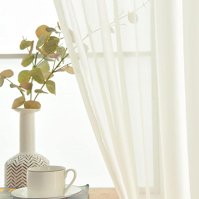 SpaceDresser Ivory Sheer Curtains 4 Panels Rod Pocket Semi-Sheer Curtain 90 Inches Long Light Filtering Voile Window Drapes for Bedroom Living Room Kitchen, Each 52W x 90L