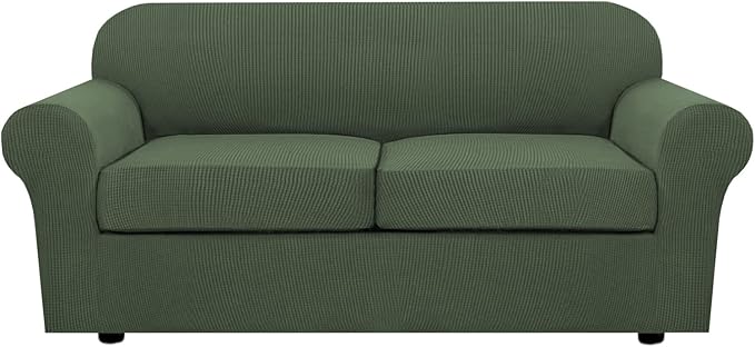 H.VERSAILTEX 3 Piece Stretch Sofa Covers for 2 Cushion Sofa Couch Covers for Living Room Furniture Cover (Base Cover Plus 2 Seat Cushion Covers) Thicker Jacquard Fabric(Large Sofa, Bronze Green)